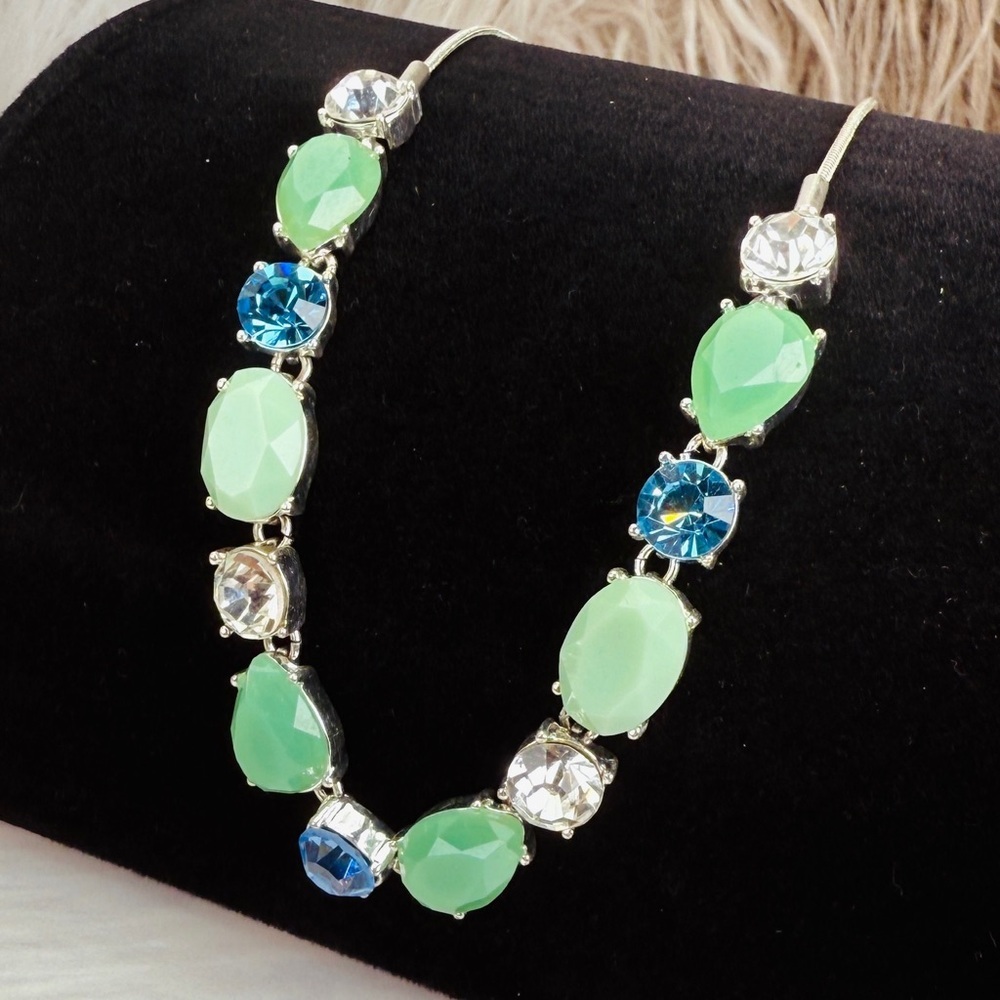Mint Green Blue Crystal Statement Necklace Silver Tone Faceted Necklace